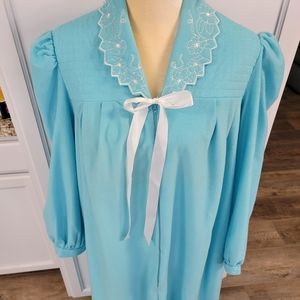 Vintage CJ'S Velour Housecoat Robe Teal/Aqua Womens Size Large Made in USA